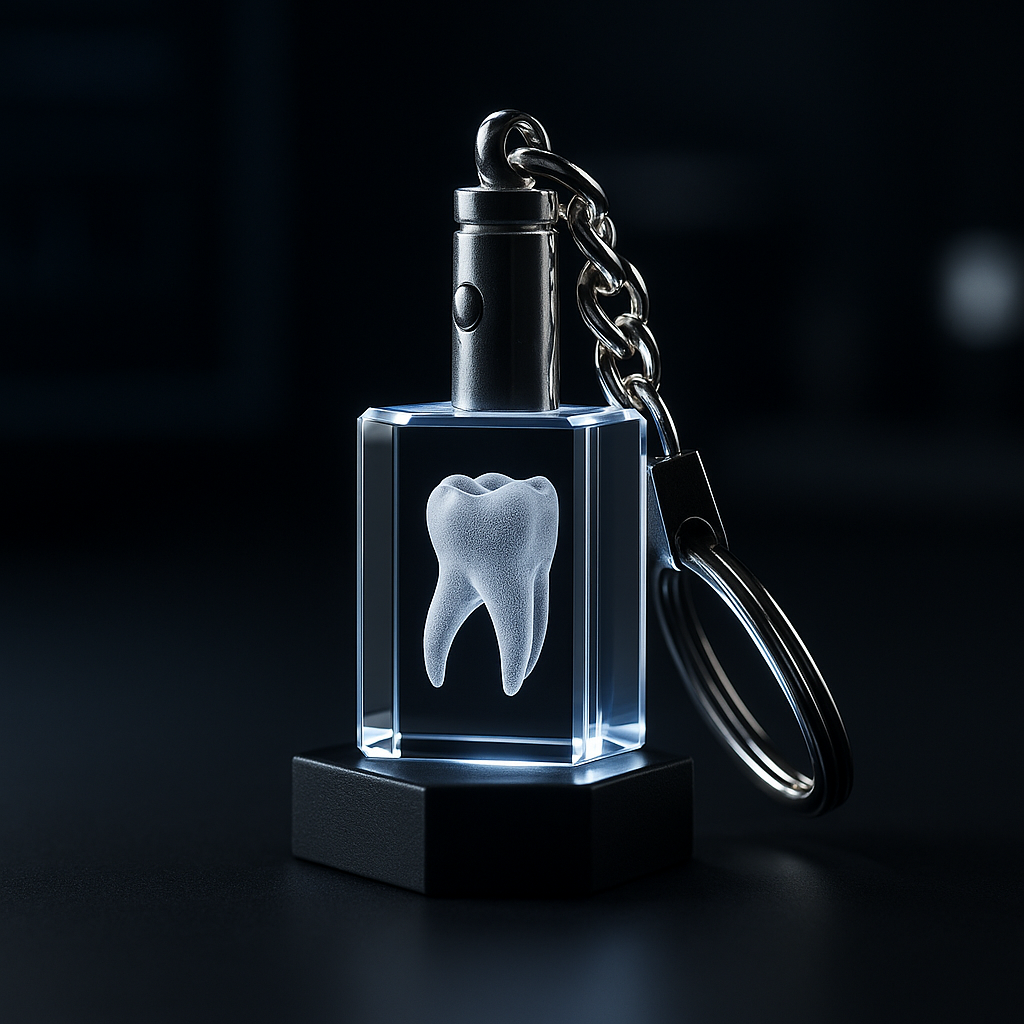 Tand i nyckelring - 3D Kristall skapad av Crafted In Crystal