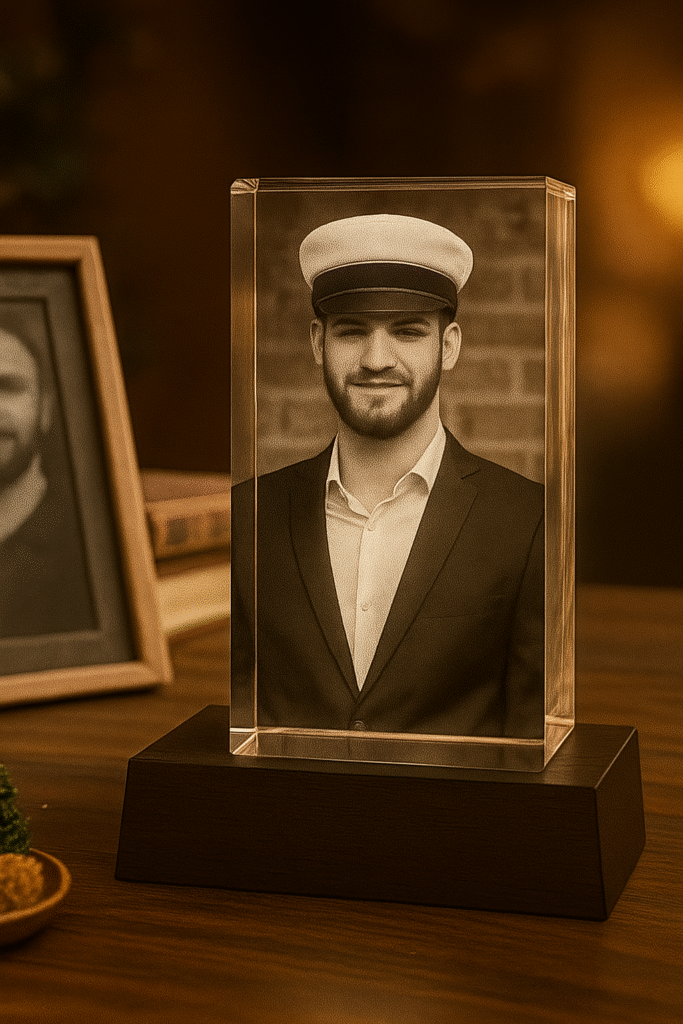 En studentbild på en kille ingraverad i 3D Fotokristaller med Crafted In Crystal