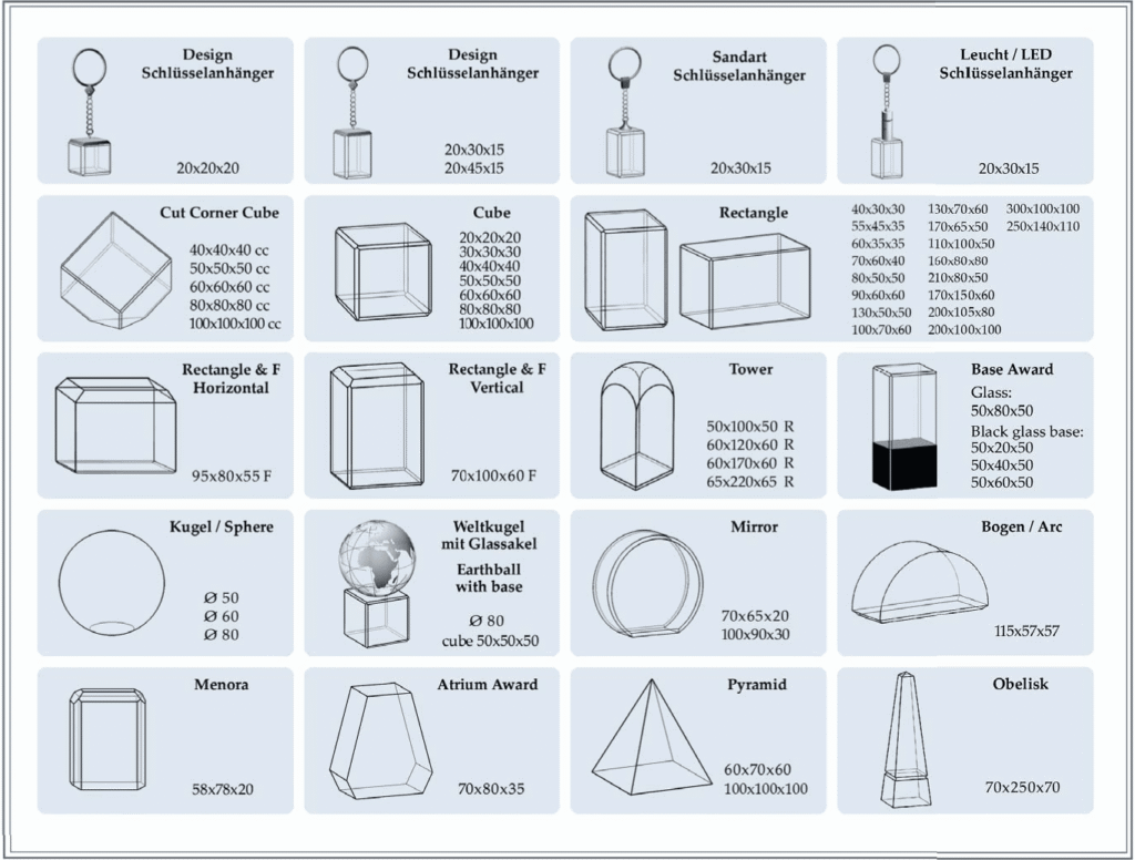 En storleksguide som visar våra 3D fotokristaller och dess storlek.