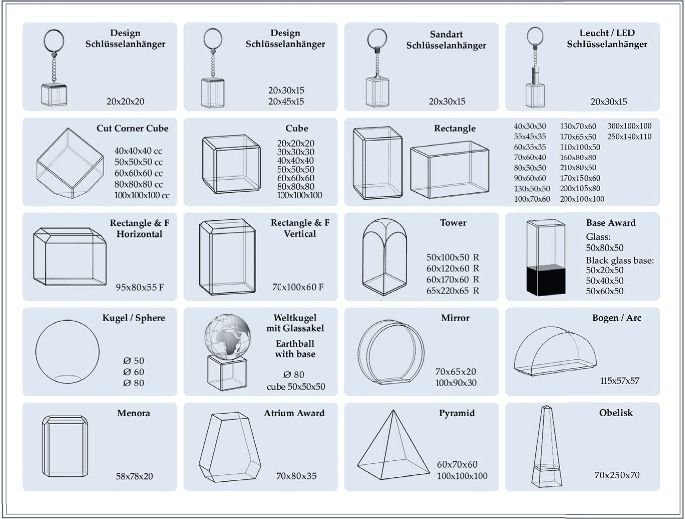 En storleksguide som visar våra 3D fotokristaller och dess storlek.