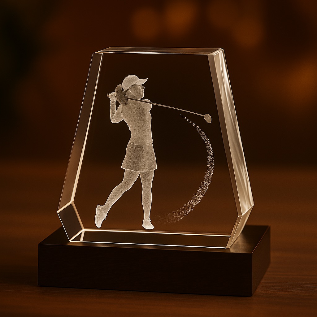 Atrium Award Fotokristall med motiv av en kvinnlig golfspelare.