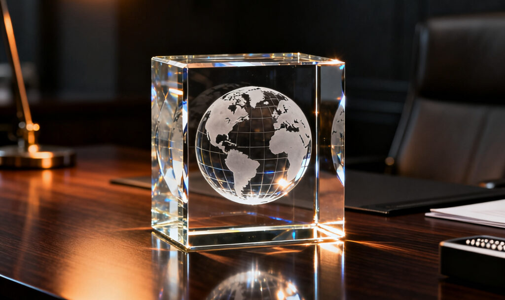 3D Fotokristaller av Crafted In Crystal. Bilden visar en 3D-kristall med ett jordglob motiv.